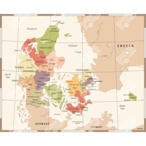 Magnetická mapa Dánska, vintage, barevná (samolepící feretická fólie) 82 x 66 cm