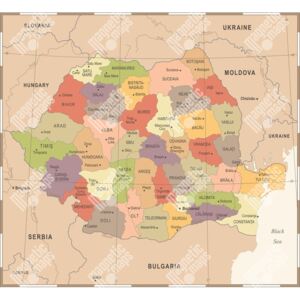 Magnetická mapa Rumunska, vintage, barevná (samolepící feretická fólie) 73 x 66 cm