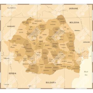 Magnetická mapa Rumunska, vintage, hnědá (samolepící feretická fólie) 73 x 66 cm