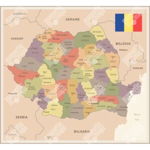 Magnetická mapa Rumunska, vintage, barevná (samolepící feretická fólie) 72 x 66 cm