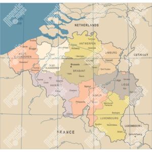 Magnetická mapa Belgie, vintage, barevná (samolepící feretická fólie) 69 x 66 cm