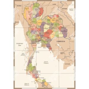 Magnetická mapa Thajska, vintage, barevná (samolepící feretická fólie) 66 x 95 cm