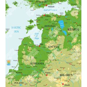 Magnetická mapa Baltu, geografická, reliéfní (samolepící feretická fólie) 66 x 76 cm