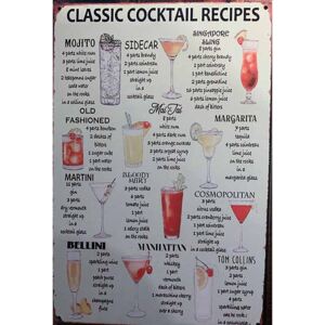 Cedule Classic Cocktail Recipes 30cm x 20cm Plechová cedule
