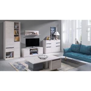Obývací stěna DENVER 1 - regál + TV stolek RTV2D + komb. komoda + konf. stolek + polička, dub bílý/grafit lesk