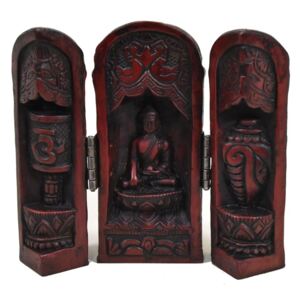 Buddha, cestovní oltář, červeno hnědý, pryskyřice, 12cm