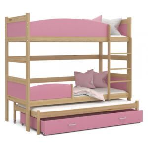 Patrová postel TWIST pro 3 osoby s úložným prostorem (Borovice), Růžová