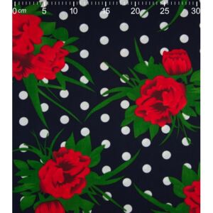 Popelín - Růže na tmavě modrých puntících (Bavlna popelín 130 g / m²)