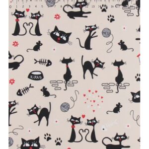 Bavlna režná - Kočky (Kočky černé na režném podkladu)