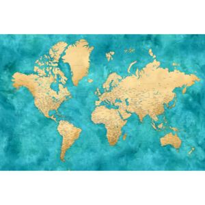 Ilustrace Detailed world map with cities in gold and teal watercolor, Lexy, Blursbyai