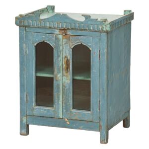 Sanu Babu Prosklená skříňka z teakového dřeva, tyrkysová patina, plechové boky, 56x41x70cm
