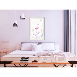 Plakát v rámu - Plameňáci a trojúhelníky - Flamingos and Triangles 30x45 Bílý rám s passe-partout