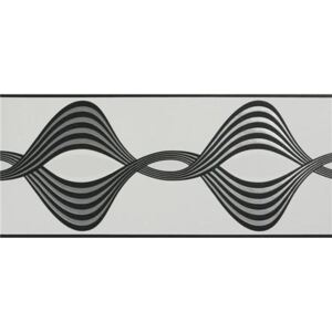 Vliesové bordury 55149, rozměr 5 m x 17 cm, vlnovky černo-stříbrné na bílém podkladu, MARBURG