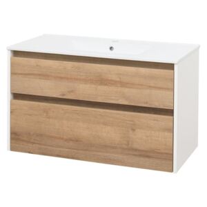 MEREO - Opto, koupelnová skříňka s keramickým umyvadlem, bílá/dub, 2 zásuvky, 1010x580x458 mm (CN932)