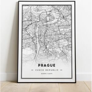 Plakát - Praha - mapa města (Moderní minimalistická černobílá mapa města Praha jako plakát nebo obraz na zeď)