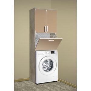 Nabytekmorava Vysoká koupelnová skříňka nad pračku K21 barva skříňky: dub stříbrný, barva dvířek: káva lesk