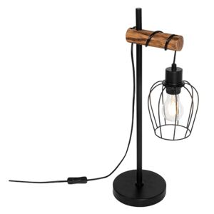 Venkovská stolní lampa černá se dřevem - Stronk