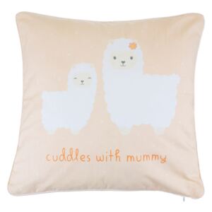 Sass & Belle Světle oranžový bavlněný polštář s motivem lamy a nápisem Cuddles with Mummy