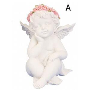 Sedící andělíček s růžemi 14 cm pravou dlaň opírá o tvář