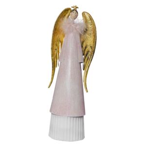 Kovový Anděl růžový se zlatými křídly - 28 cm
