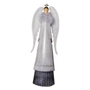 Stříbrný kovový Anděl s bílými křídly - 42 cm