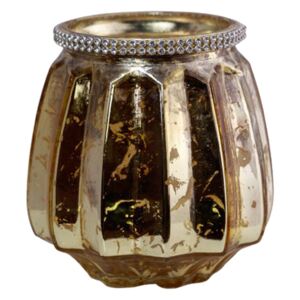 Zlatý skleněný svícen lemovaný kamínky - 10 x 11 cm
