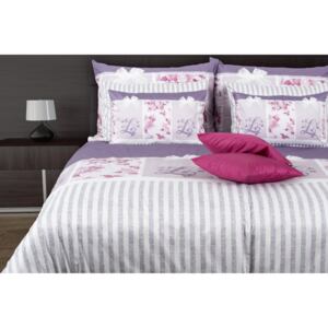 Glamonde luxusní saténové povlečení Romola s romantickými růžičkami a fialovými proužky. 140×220 cm