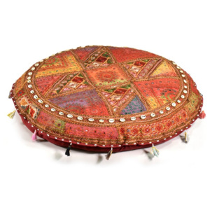 Červený meditační polštář, "Antik" z Rajastanu, zrcátka, mušličky, 85x20cm