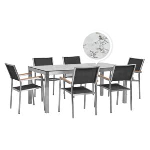 Zahradní set stůl HPL s mramorovou úpravou a 6 černých židlí GROSSETO