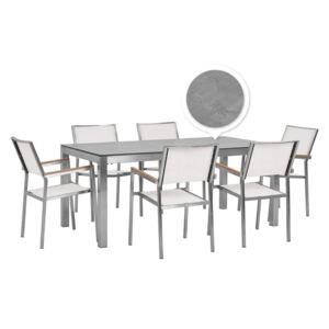 Sada zahradního stolu HPL s betonovou povrchovou úpravou a 6 bílých židlí GROSSETO