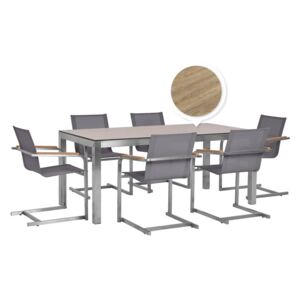 Sada zahradního stolu HPL s povrchovou úpravou dub a 6 šedých židlí GROSSETO / COSOLETO