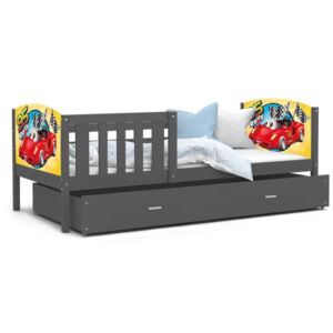 Dětská postel TAMI P 80x160 cm v šedé barvě s motivem formule