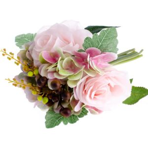 Umělá kytice Růže s hortenzií světle růžová, 30 cm