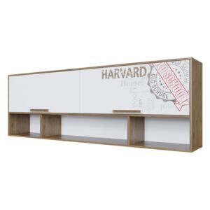 Závěsná skříňka nad postel HARVARD dub hickory/bílá/potisk