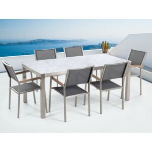 Sada zahradního nábytku stůl s bílou keramickou deskou 180 x 90 cm 6 šedých židlí GROSSETO
