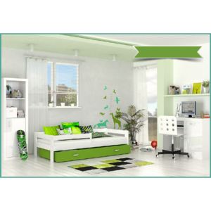 Dětská postel HUGO s barevnou zásuvkou+matrace, 80x160, bílý/zelený
