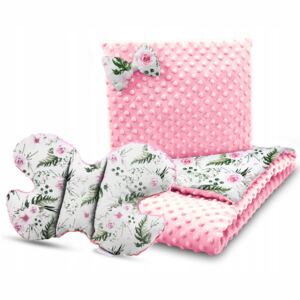 Dětská deka do kočárku s polštářkem a motýlkem - PREMIUM set 3v1 - Květy v zahradě s růžovou minky