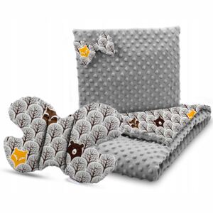 Dětská deka do kočárku s polštářkem a motýlkem - PREMIUM set 3v1 - Skandinávský les hnědý s šedou minky