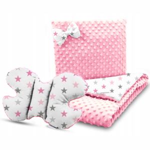 Dětská deka do kočárku s polštářkem a motýlkem - PREMIUM set 3v1 - Šedé a růžové hvězdičky s růžovou minky