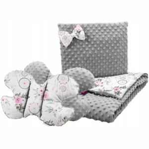 Dětská deka do kočárku s polštářkem a motýlkem - PREMIUM set 3v1 - Lapače snů a květy s šedou minky