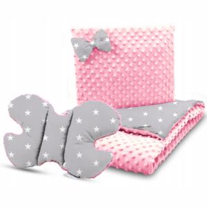 Dětská deka do kočárku s polštářkem a motýlkem - PREMIUM set 3v1 - Bílé hvězdičky s růžovou minky