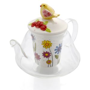 Čajová konvička s ptáčkem BRANDANI (barva - sklo, porcelánový infuzér)