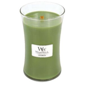 WoodWick - vonná svíčka Evergreen (Vůně jehličí) 609g (Svěží vůně větví balzámové jedle v dokonalém souladu s čerstvě utrženými bylinkami a kouskem pačuli.)