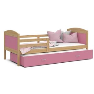 Dětská postel MATYAS P2 80x190 cm s borovicovou konstrukcí v růžové barvě s přistýlkou