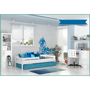 Dětská postel HARRY s barevnou zásuvkou+matrace, 80x160, bílý/modrý