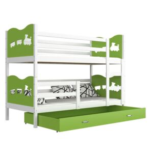 Dětská patrová postel FOX COLOR + matrace + rošt ZDARMA, 190x80, bílý/zelený - vláčci