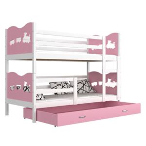 Dětská patrová postel FOX COLOR + matrace + rošt ZDARMA, 190x80, bílý/růžový - vláčci