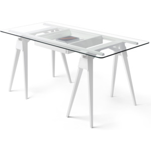 Pracovní stůl Arco nohy: bílé lakované dřevo, rám a šuplík: bílé lakované dřevo, deska: čiré sklo 150×75×0.8 cm