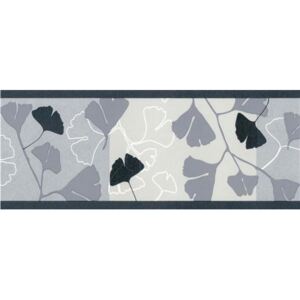 Samolepící bordury ginkgo listy šedo-stříbrné 69054, rozměr 5 m x 6,9 cm, IMPOL TRADE