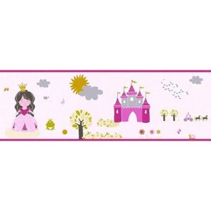 Dětské vliesové bordury Little Stars 35853-1, rozměr 5 m x 0,17 m, princezna a žabka na růžovém podkladu, A.S.Création